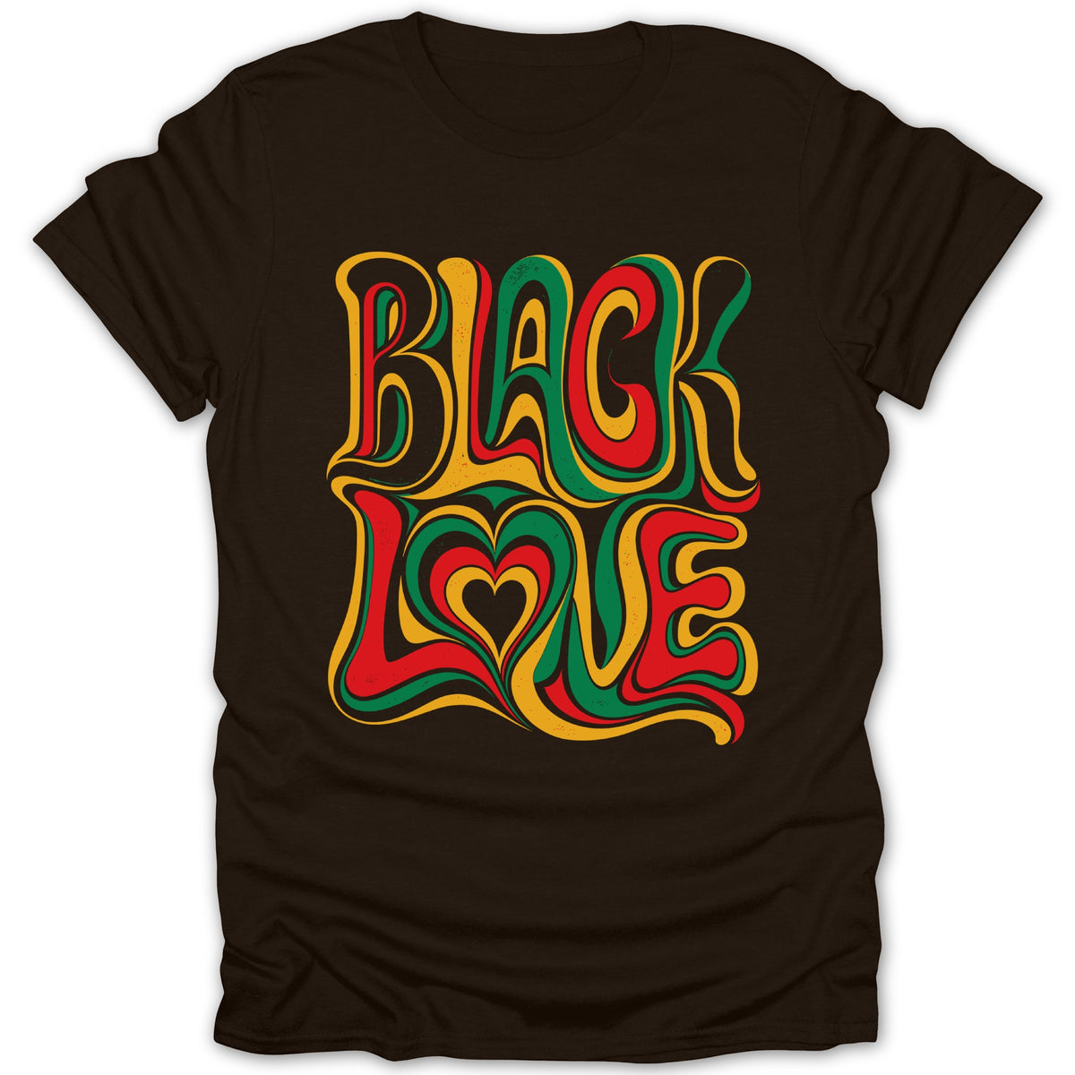 Brown t-shirt with colorful wavy text "BLACK LOVE" and a heart.