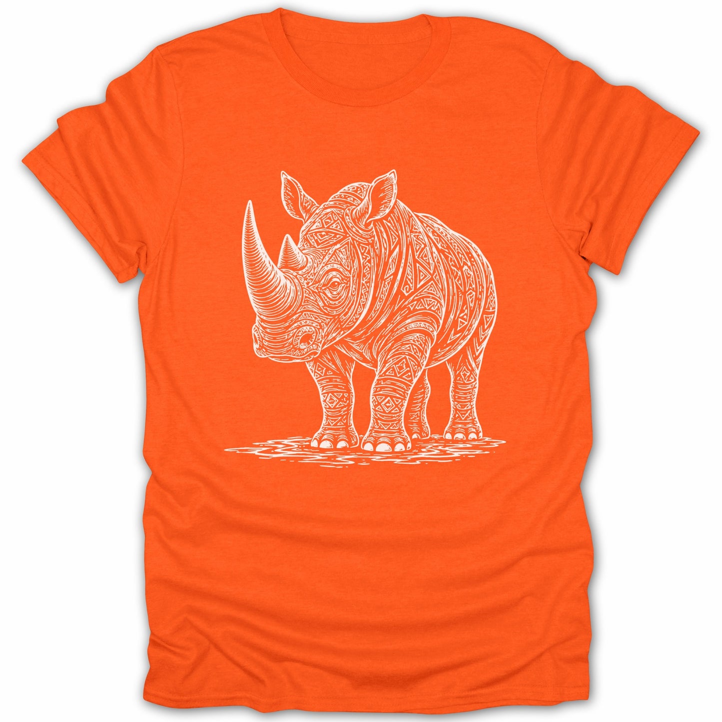 Orange t-shirt with a white line drawing of a patterned rhinoceros.