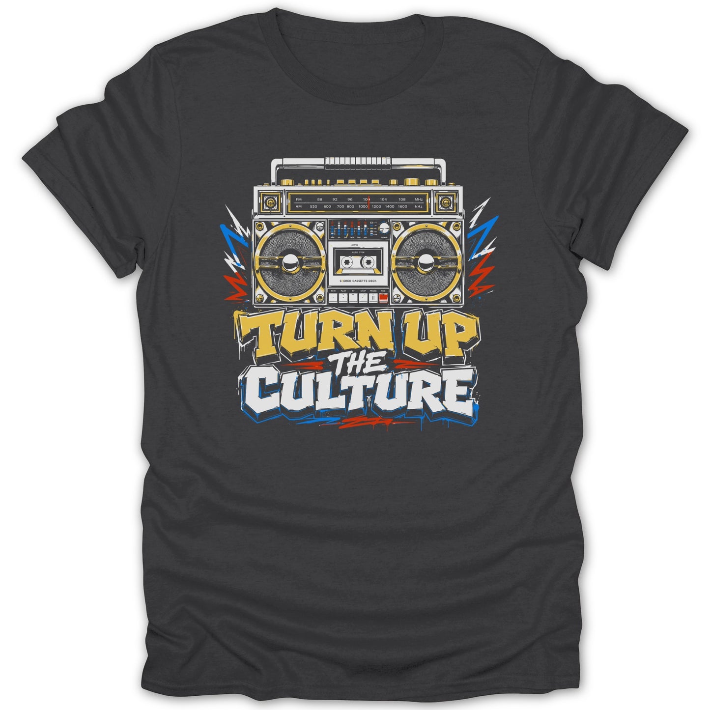 Graphic t-shirt with a retro boombox and the text "TURN UP THE CULTURE".