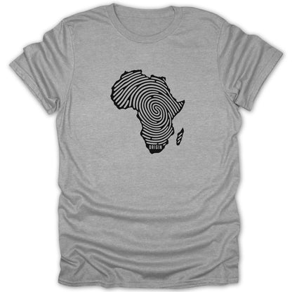 Heather gray crewneck t-shirt featuring a black fingerprint graphic shaped like the continent of Africa with the word "ORIGIN" underneath.