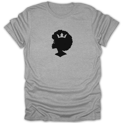 A heather gray crewneck t-shirt featuring a black silhouette of a woman wearing a white crown.