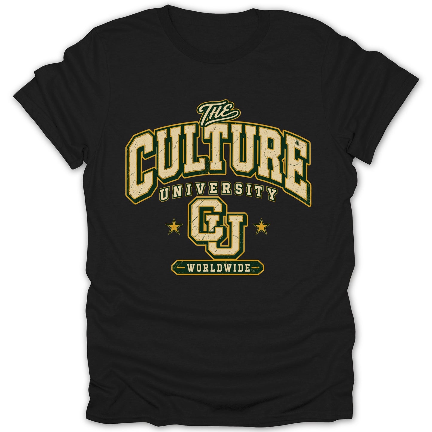 Black t-shirt with distressed "THE CULTURE UNIVERSITY CU WORLDWIDE" text design.