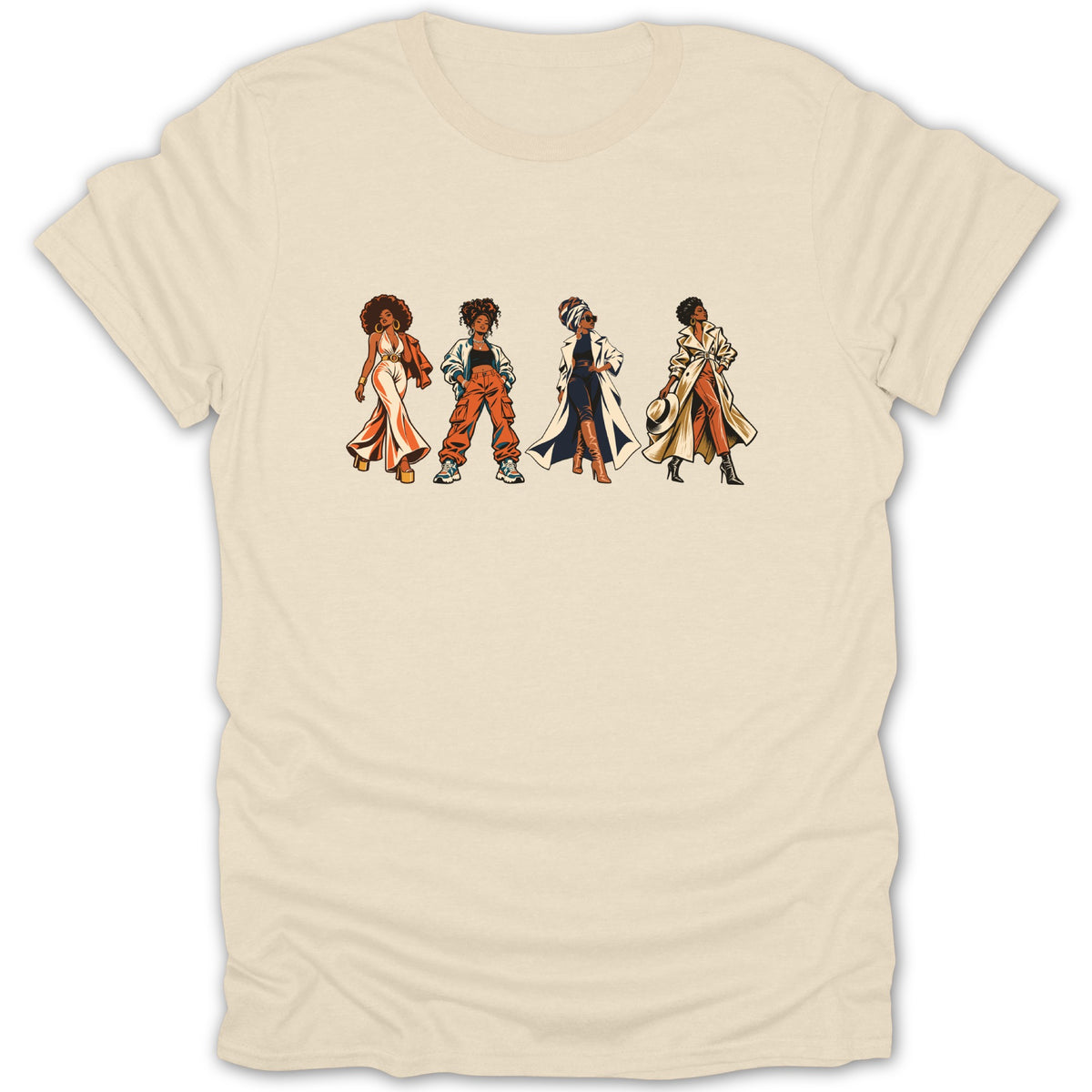 Four illustrated women in stylish outfits stand in a line on a cream t-shirt.
