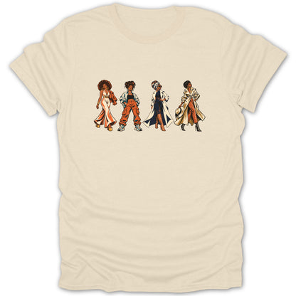 Four illustrated women in stylish outfits stand in a line on a cream t-shirt.