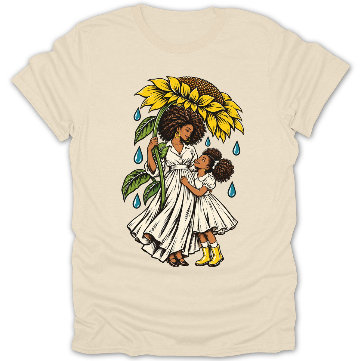 Mother and daughter under a sunflower umbrella during rain