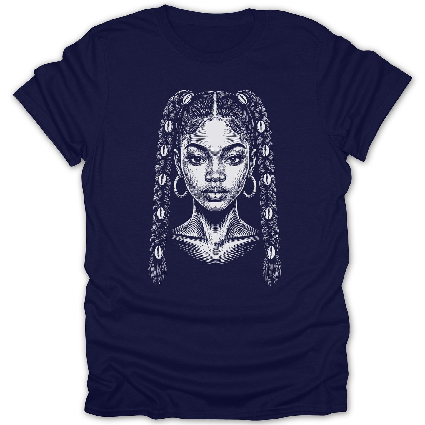 Line art portrait of a woman with braided pigtails decorated with shells on a navy t-shirt.