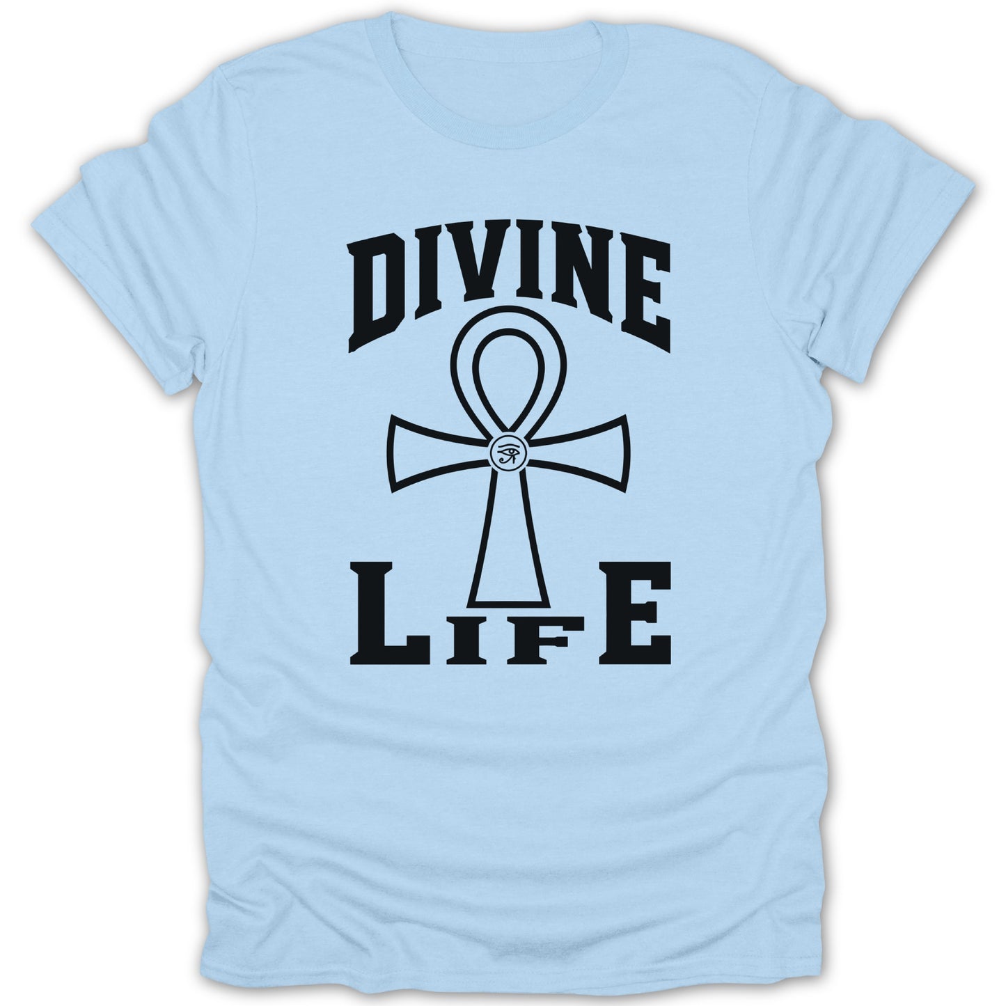 Light blue t-shirt with black text "DIVINE LIFE" and an ankh symbol.