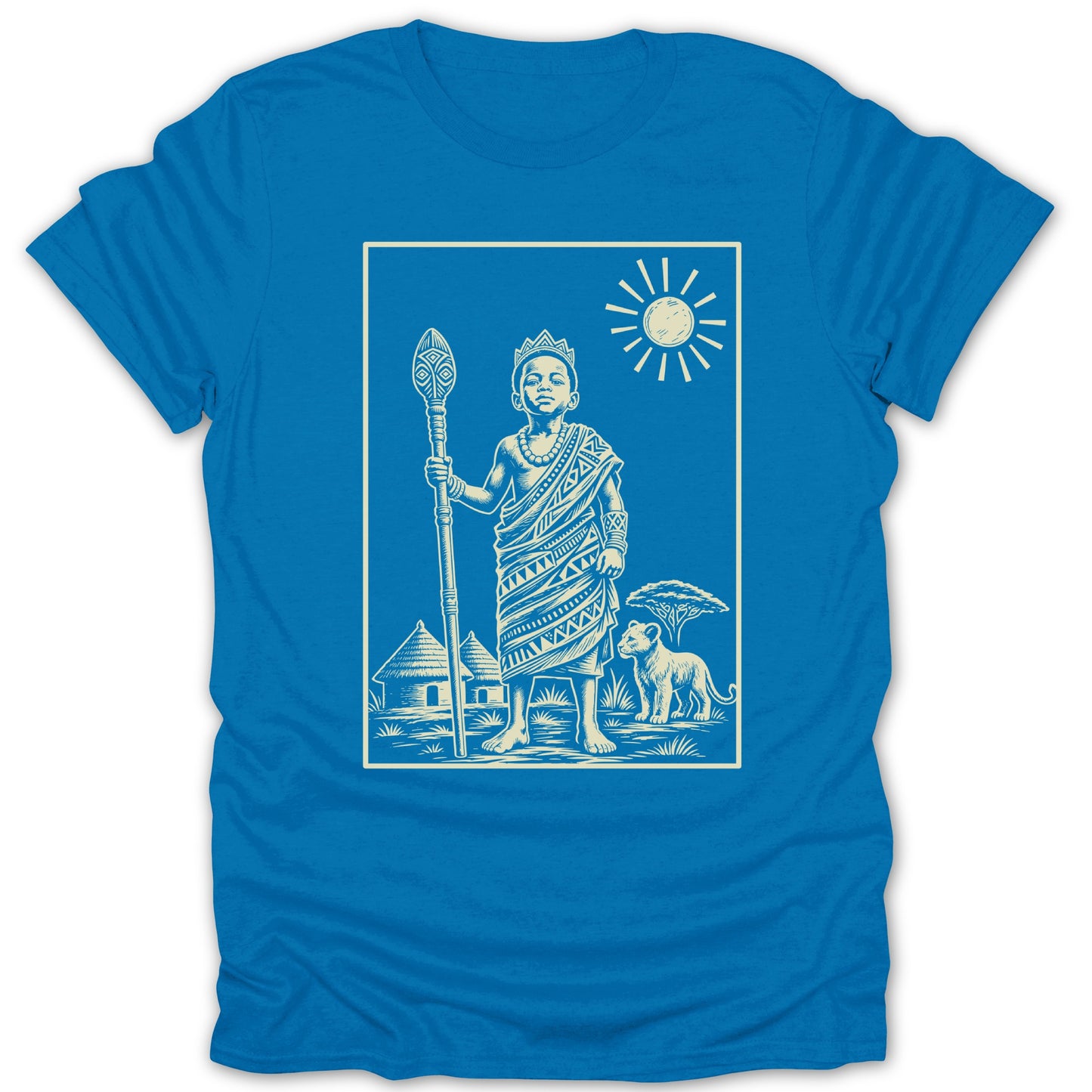 Young king with staff, lion, huts, and sun graphic on a blue t-shirt