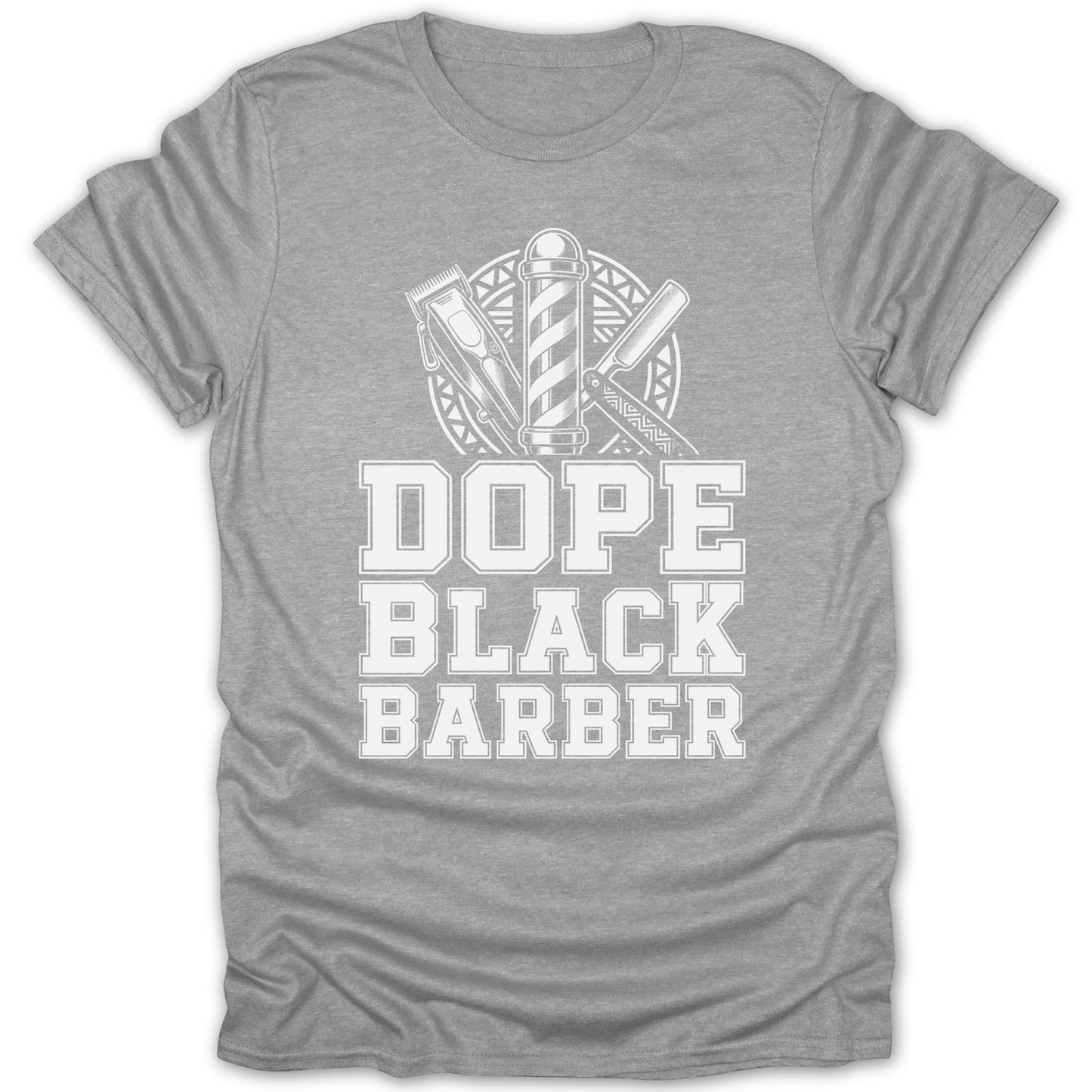 Grey t-shirt with white text "Dope Black Barber" and barber pole graphics.