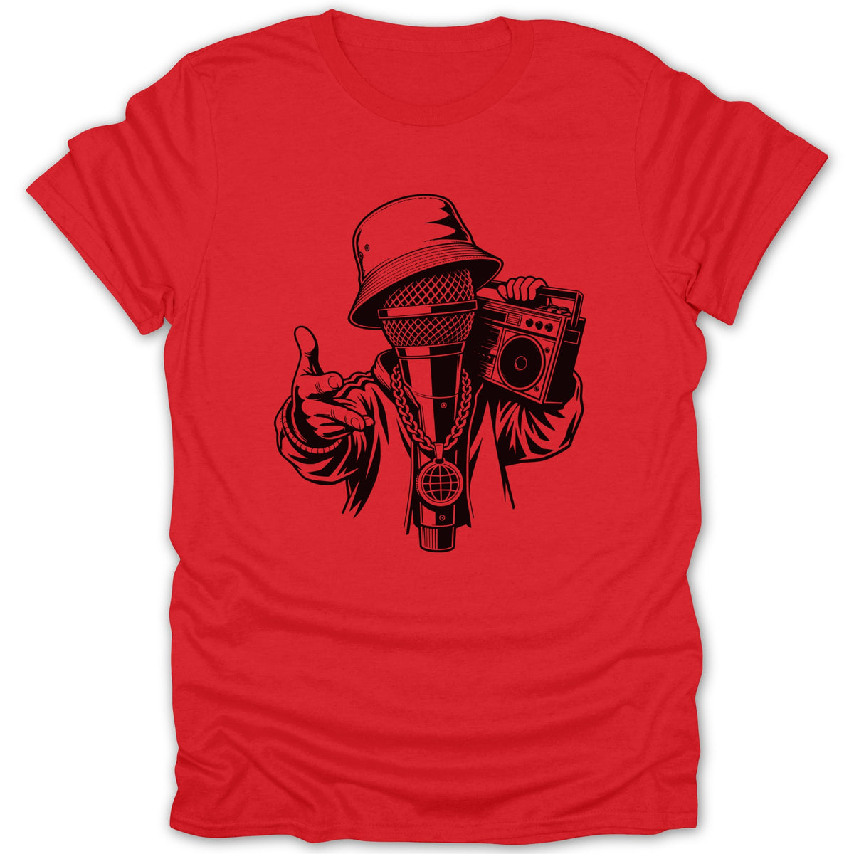 Red t-shirt with black graphic of microphone rapper with boombox and globe pendant.