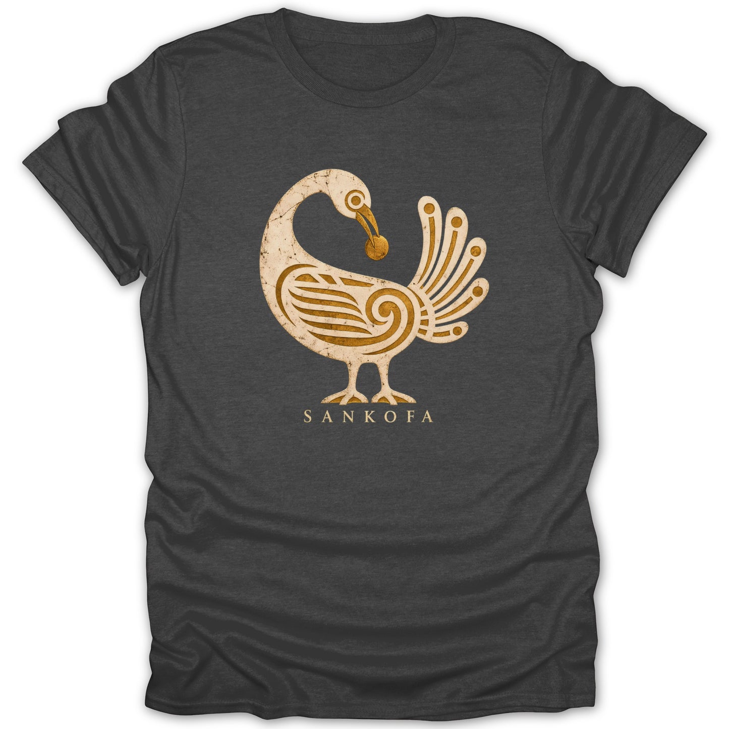 Dark grey t-shirt with a distressed gold Sankofa bird symbol and text.