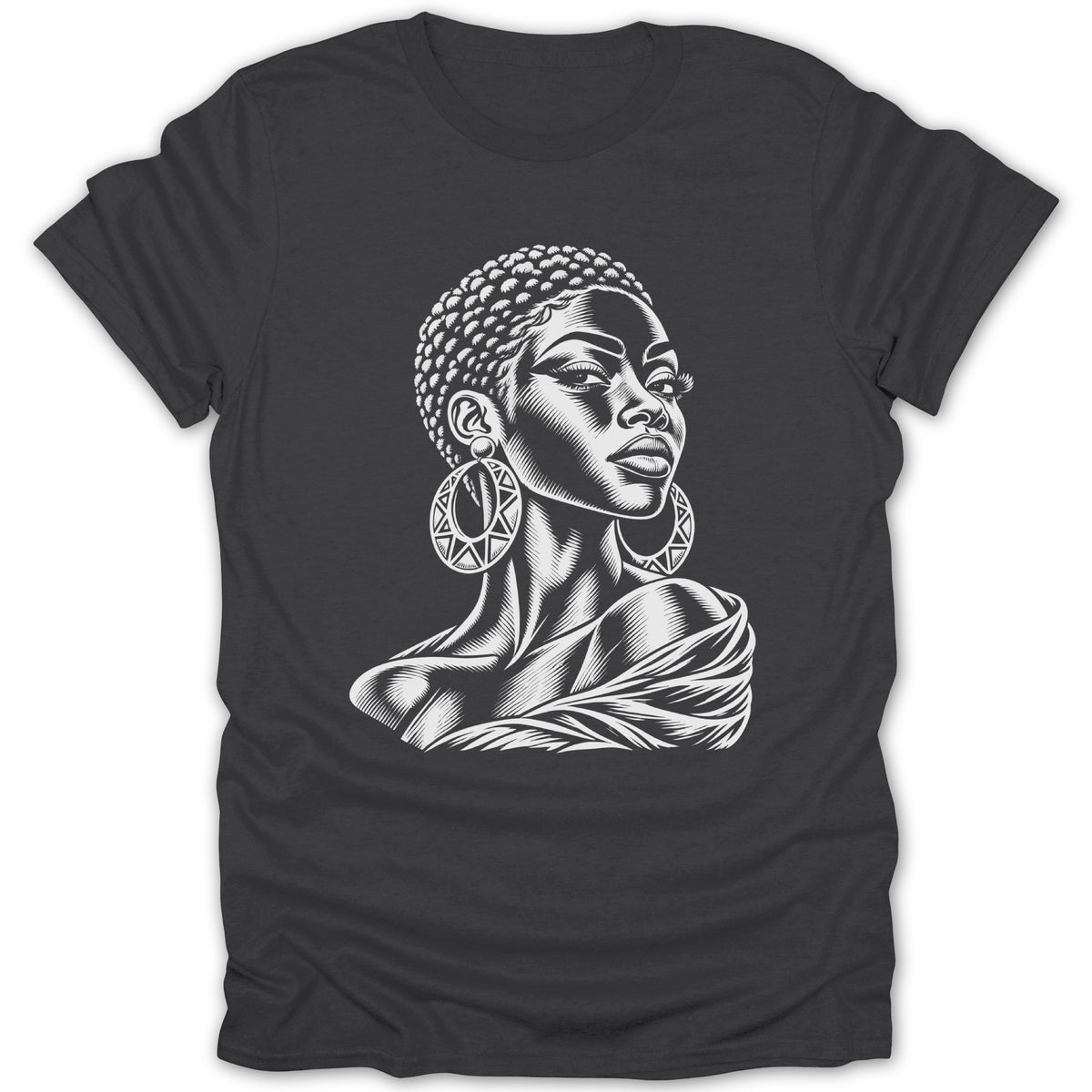 T-shirt with black and white illustration of a woman with large hoop earrings.