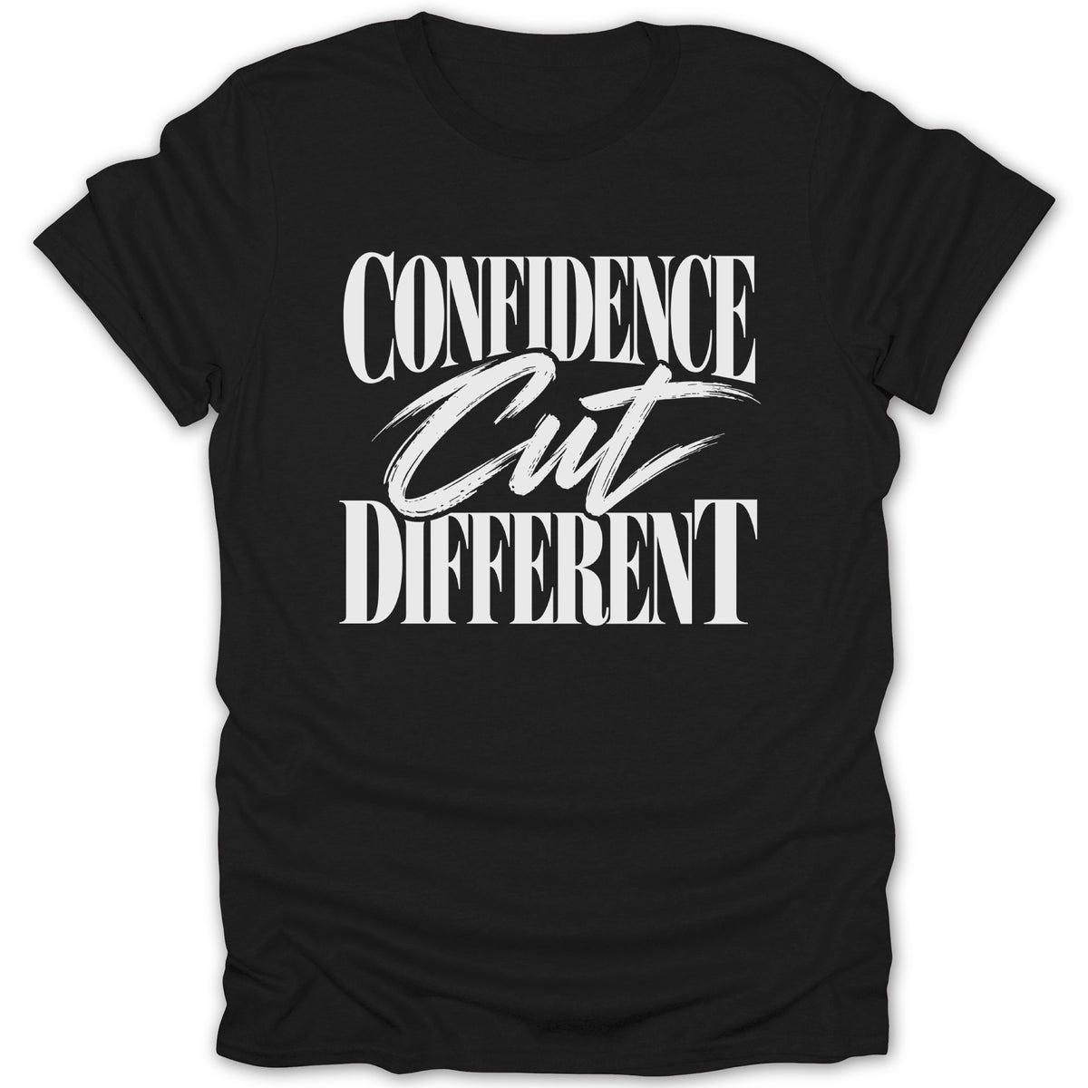 Black t-shirt with white text reading "CONFIDENCE Cut DIFFERENT".