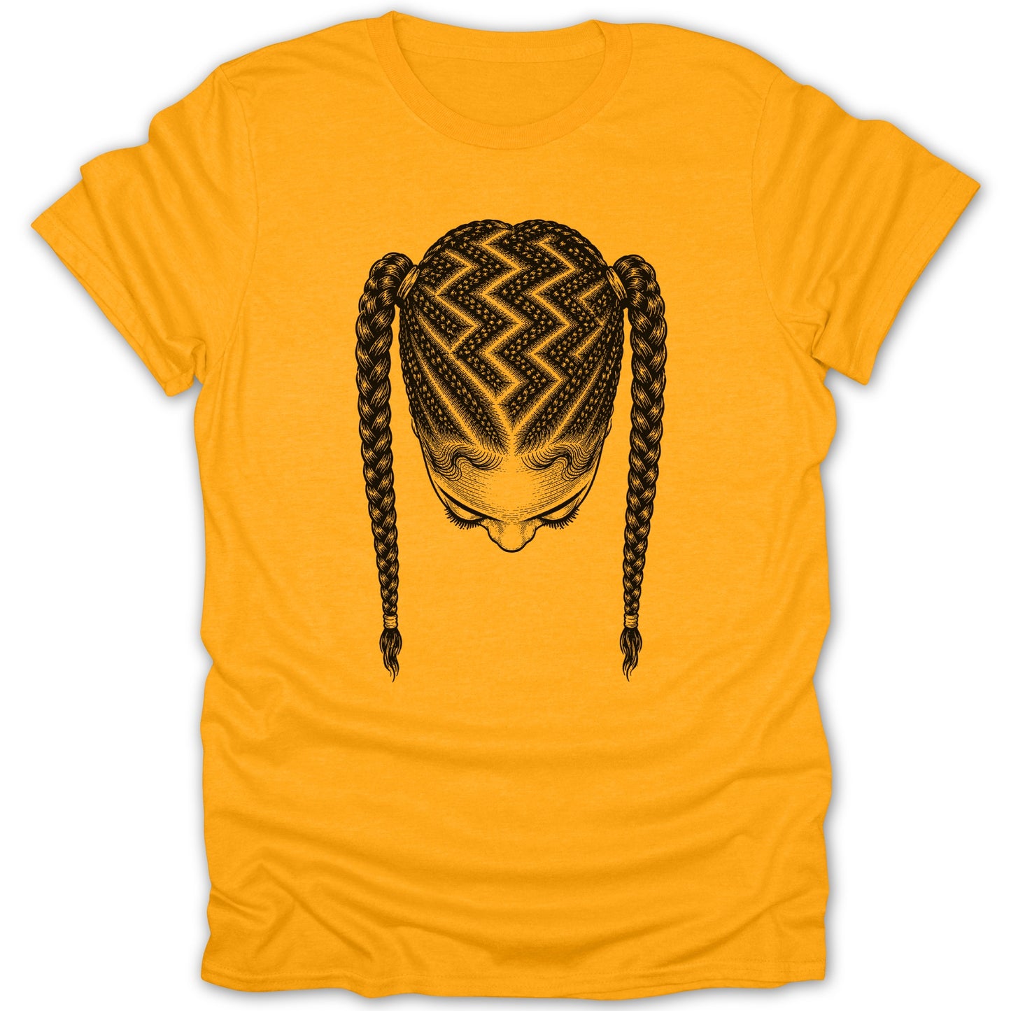 Woman with braided hair in zig-zag pattern on a yellow t-shirt.