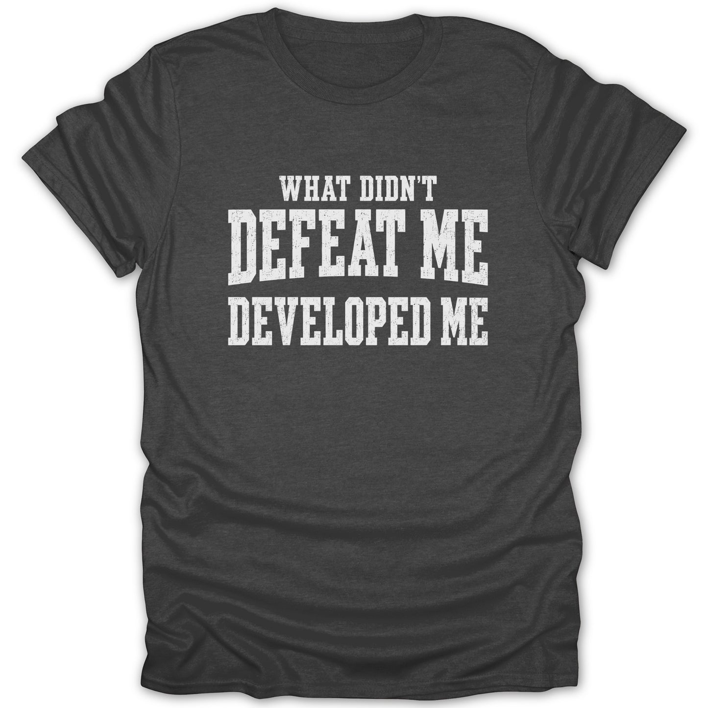 Dark gray t-shirt with white distressed text: "What didn't defeat me developed me."