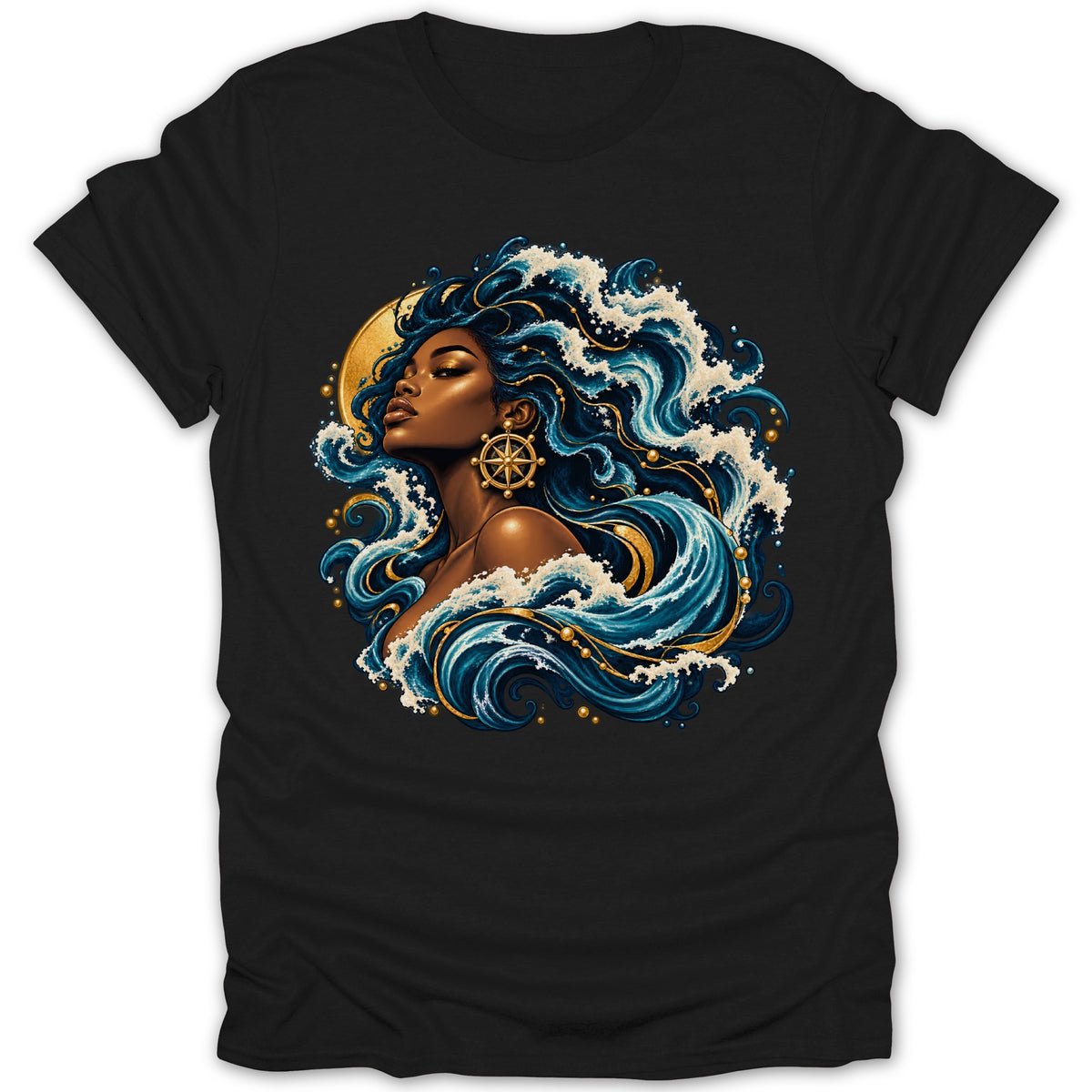 Black t-shirt with a woman's portrait surrounded by ocean waves and golden accents.