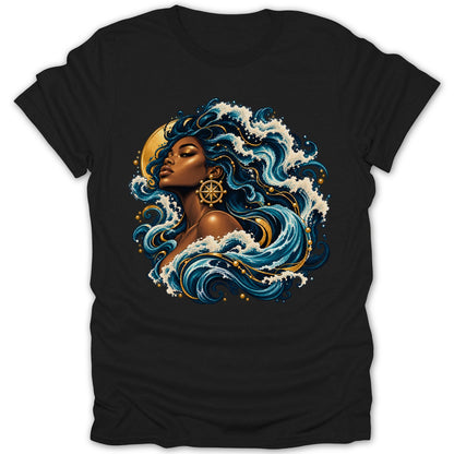 Black t-shirt with a woman's portrait surrounded by ocean waves and golden accents.