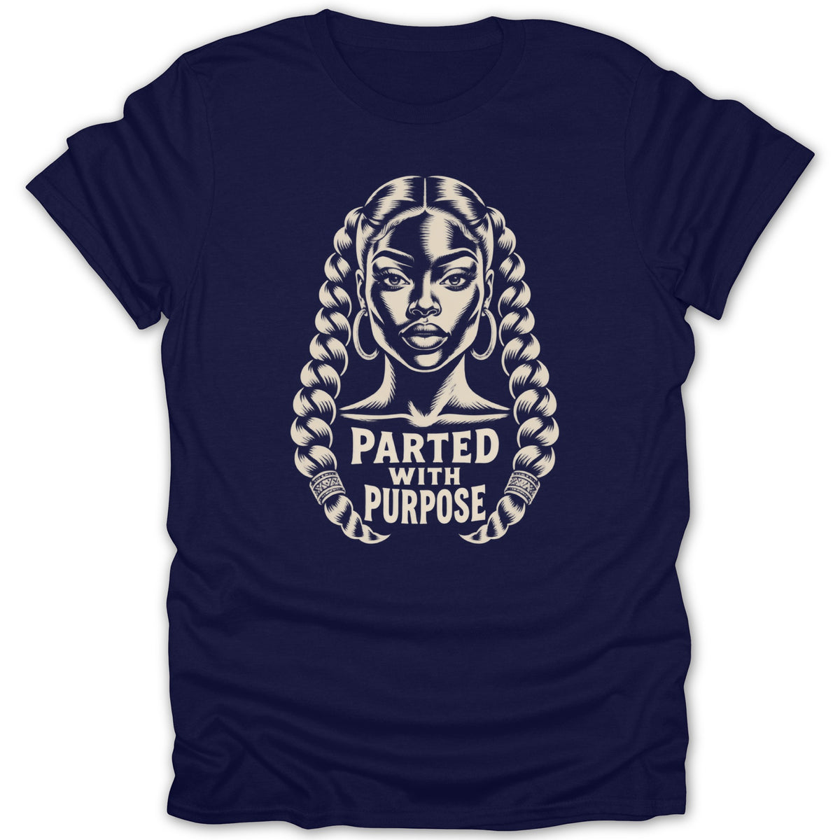 A navy blue t-shirt with a beige graphic of a woman with braided hair and hoop earrings, alongside the text PARTED WITH PURPOSE.