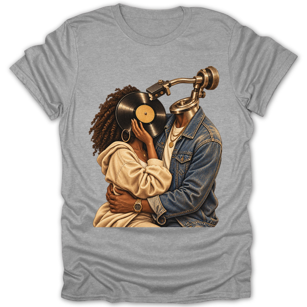 Couple embracing with a record player arm over one's head.