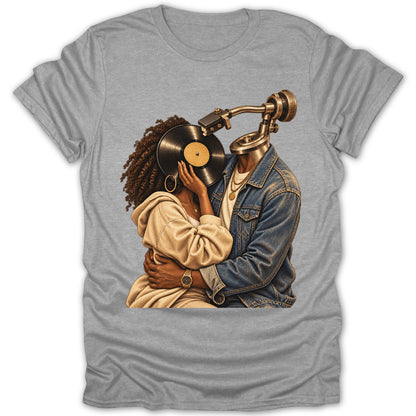 Couple embracing with a record player arm over one's head.