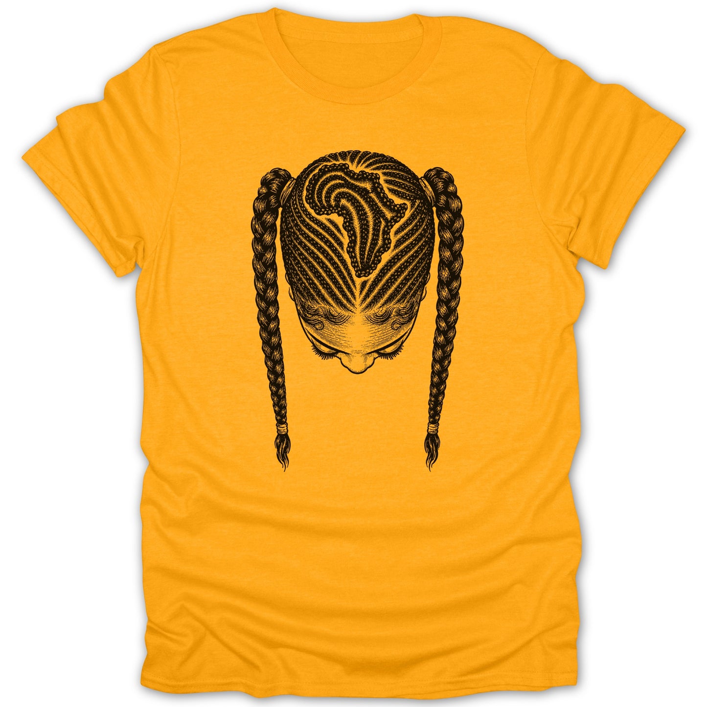 T-shirt with a black illustration of a woman's head with intricate braided hair.