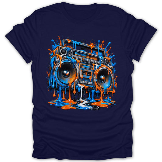 Boombox graphic with dripping orange and blue paint on navy t-shirt.