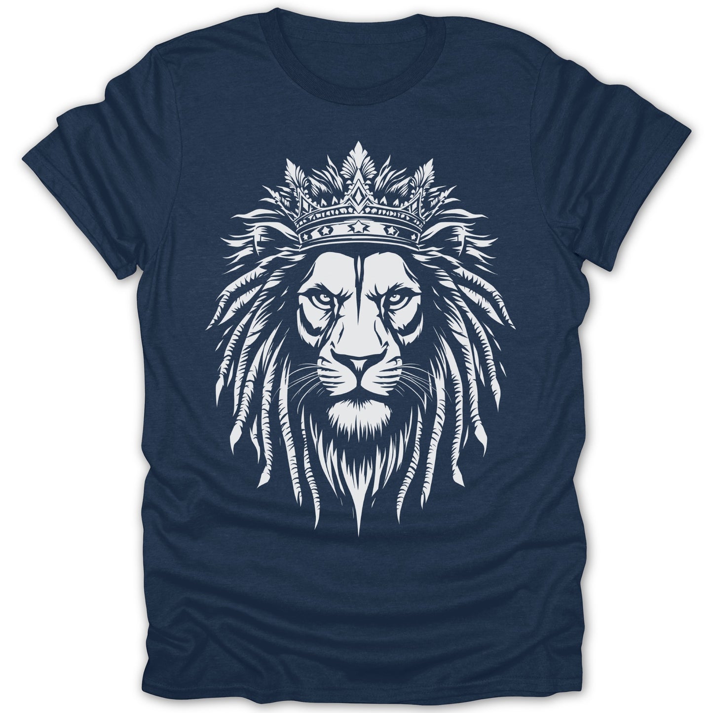 White lion with a crown and feathered mane on a navy blue t-shirt.