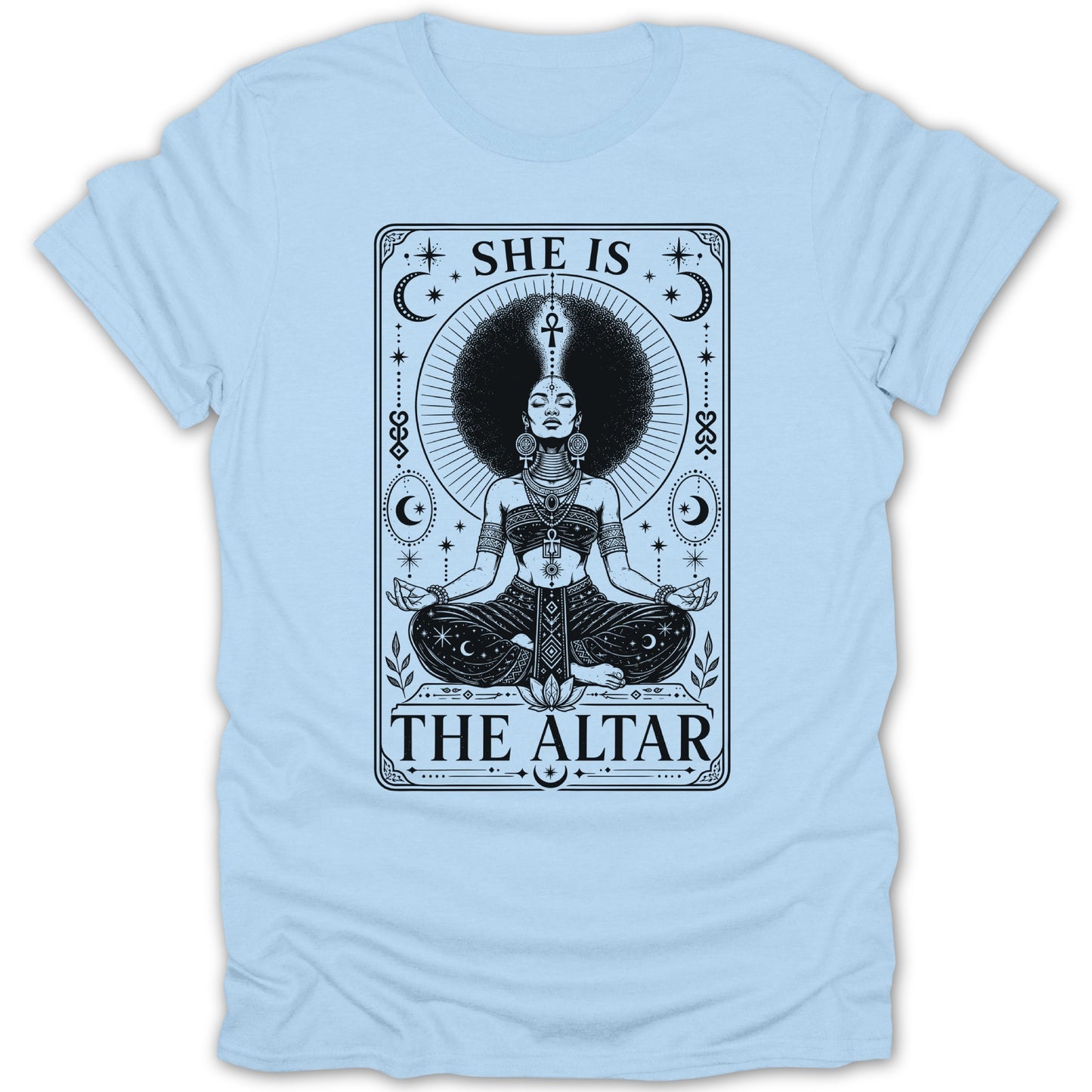 Black and white illustration of a woman in meditation pose with text "SHE IS THE ALTAR".