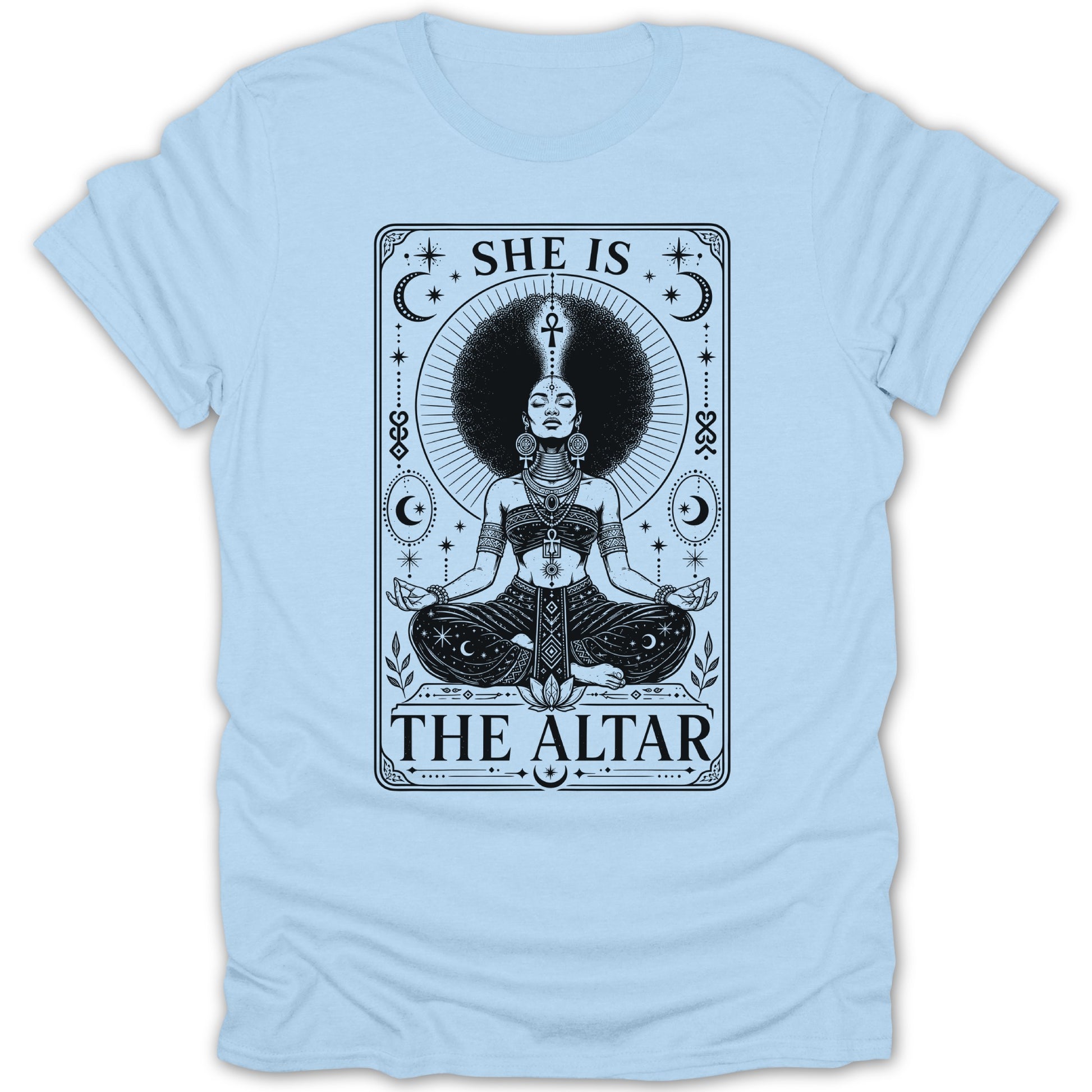 Black and white illustration of a woman in meditation pose with text "SHE IS THE ALTAR".