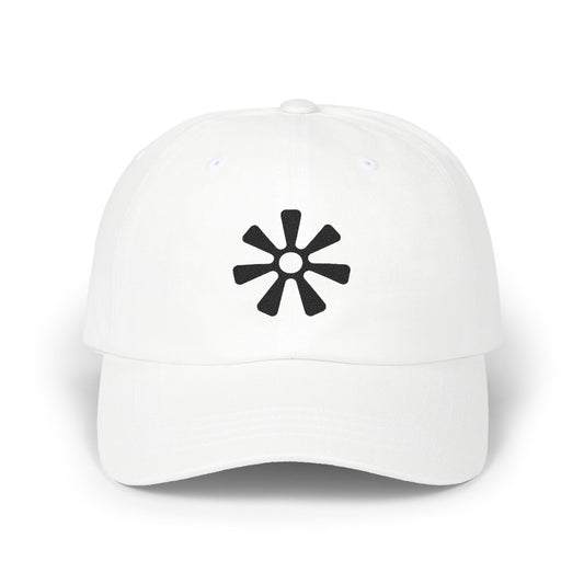 White baseball cap with a black asterisk logo centered on the front.
