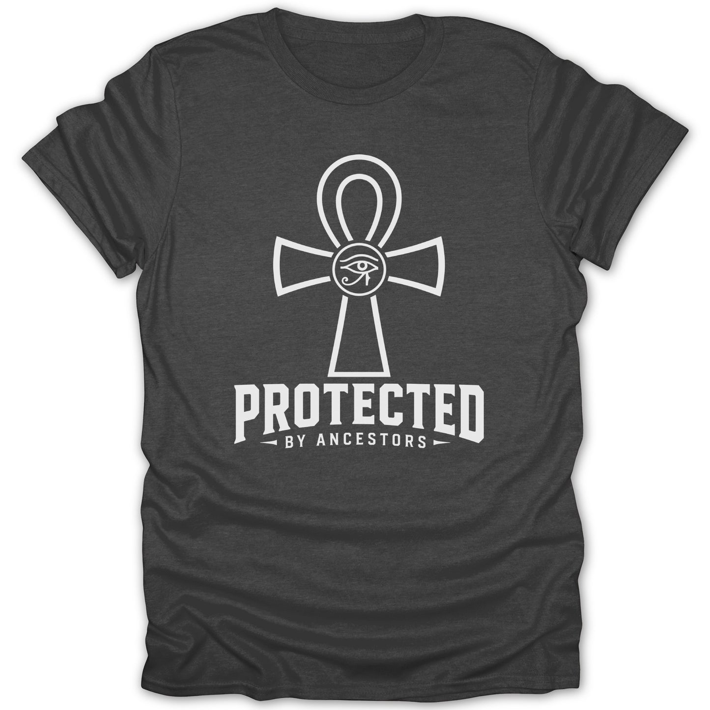 Dark t-shirt with a white ankh symbol and the text "PROTECTED BY ANCESTORS".