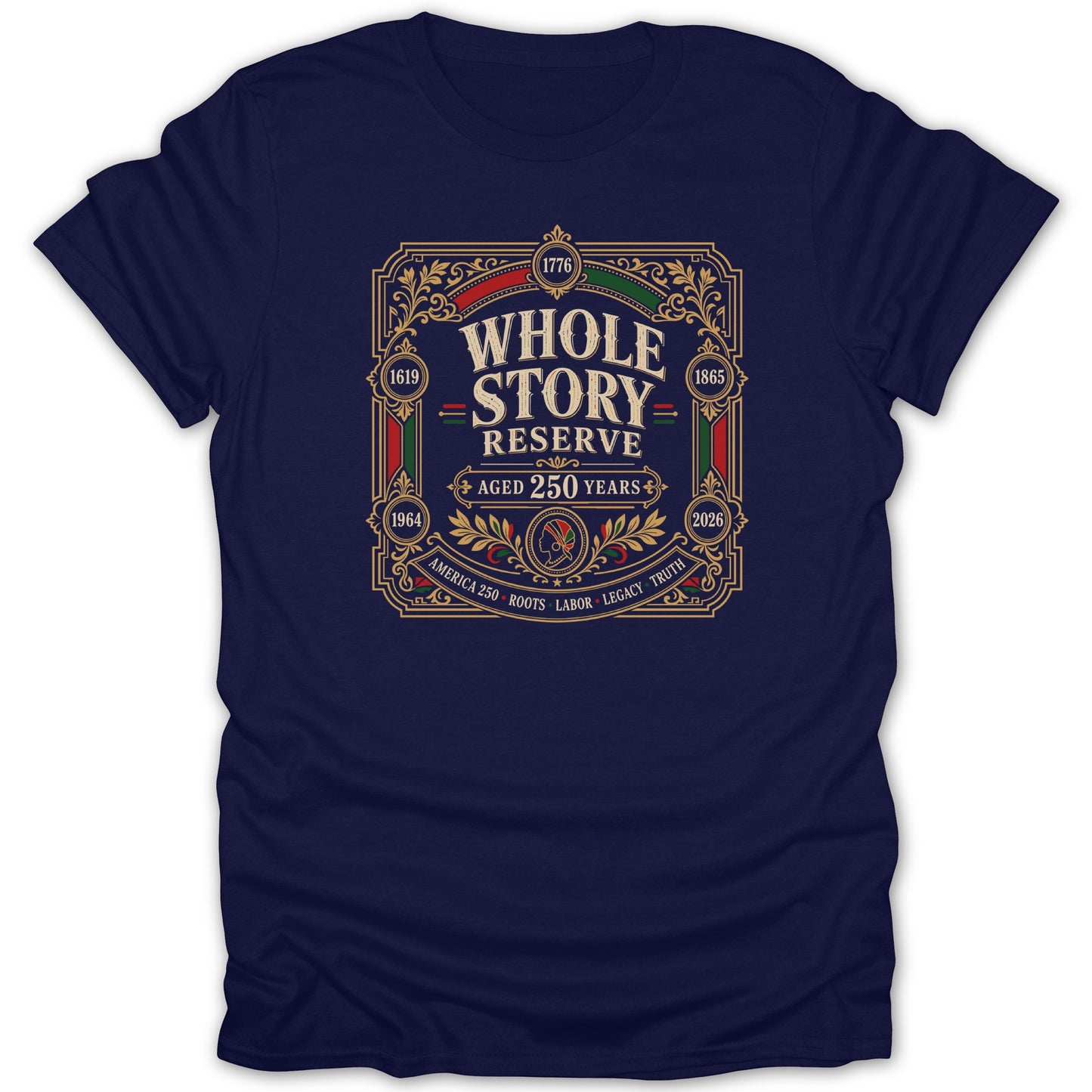 Navy t-shirt with ornate "Whole Story Reserve Aged 250 Years" design.