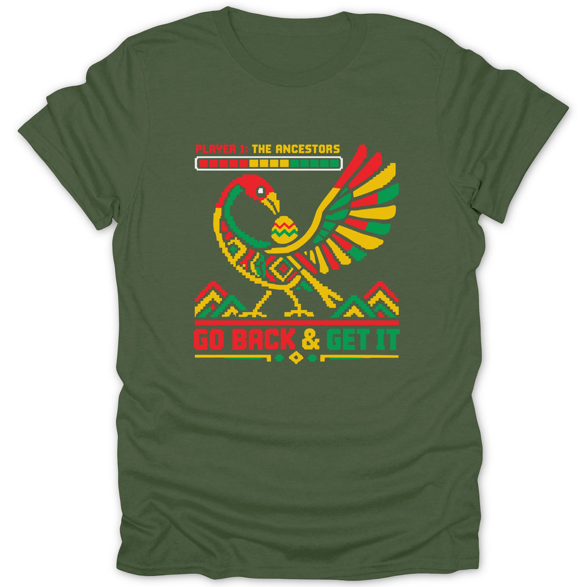 Green t-shirt with pixelated bird graphic and text: Player 1: The Ancestors, Go Back & Get It.