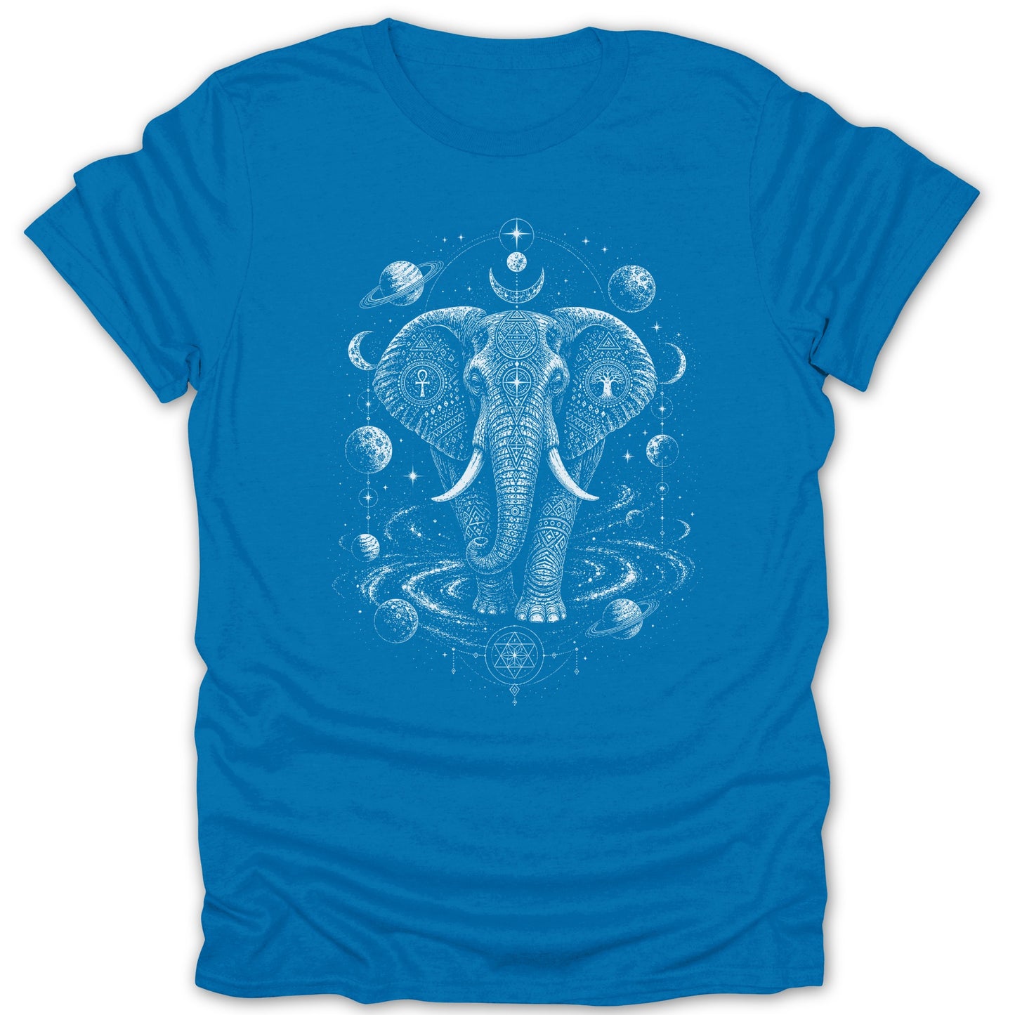 Blue t-shirt with white linework of an elephant surrounded by planets and cosmic symbols.