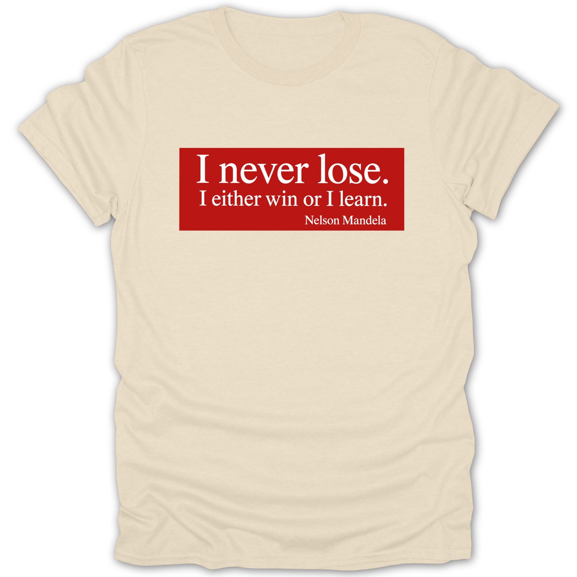 Cream t-shirt with red rectangle featuring Nelson Mandela quote.
