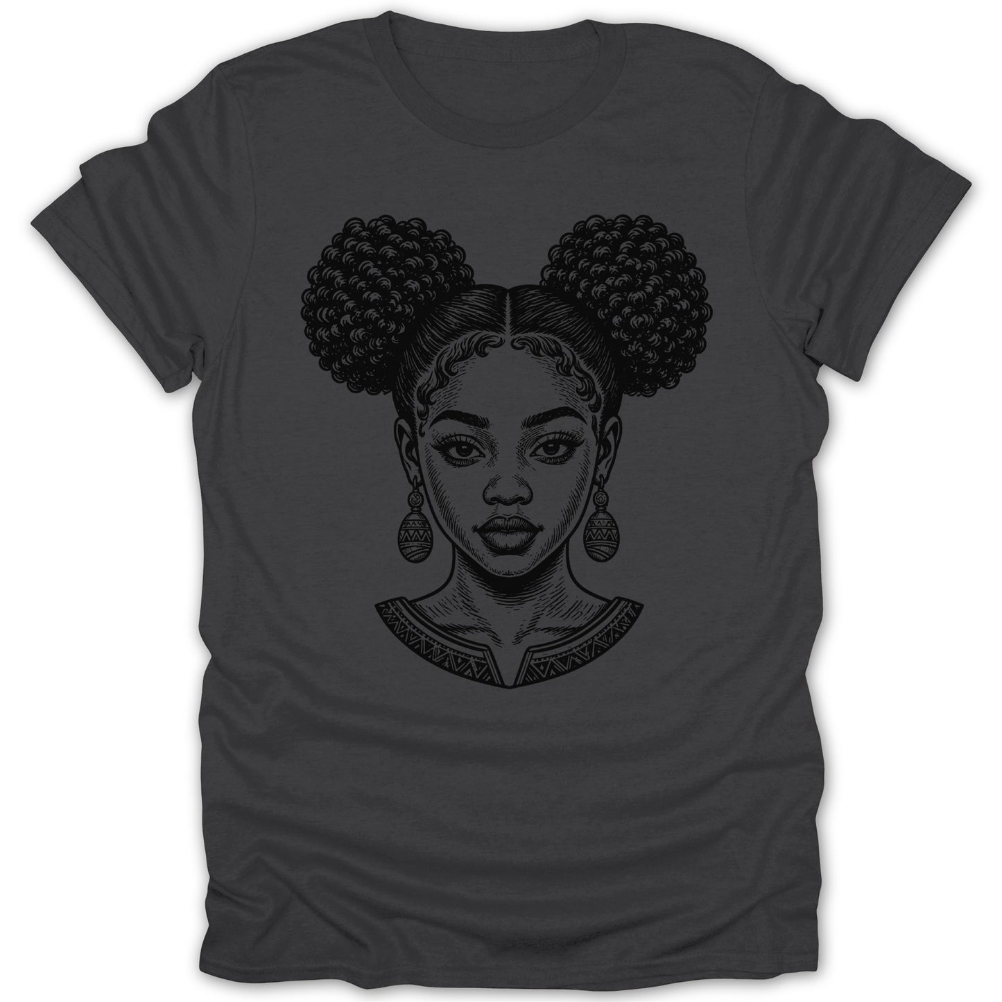 Line art of a woman's face with space buns and patterned collar on a dark gray t-shirt.