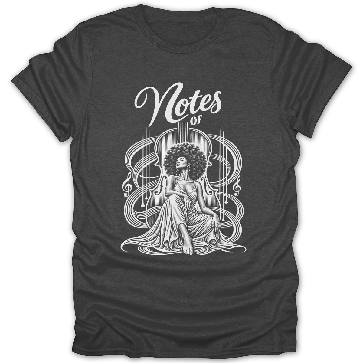 Black t-shirt with white graphic of woman sitting by cello with "Notes of" text.