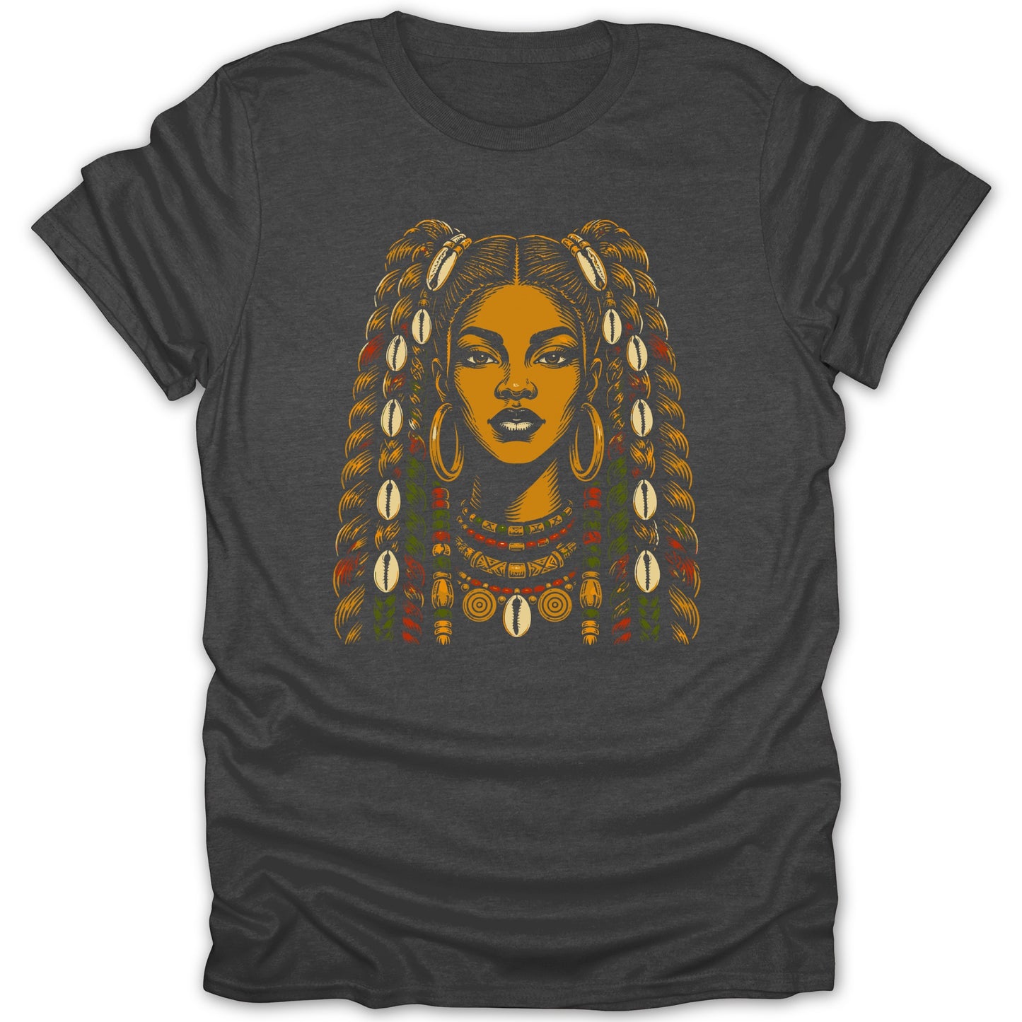 T-shirt with illustration of a woman with braided hair adorned with shells and beads.