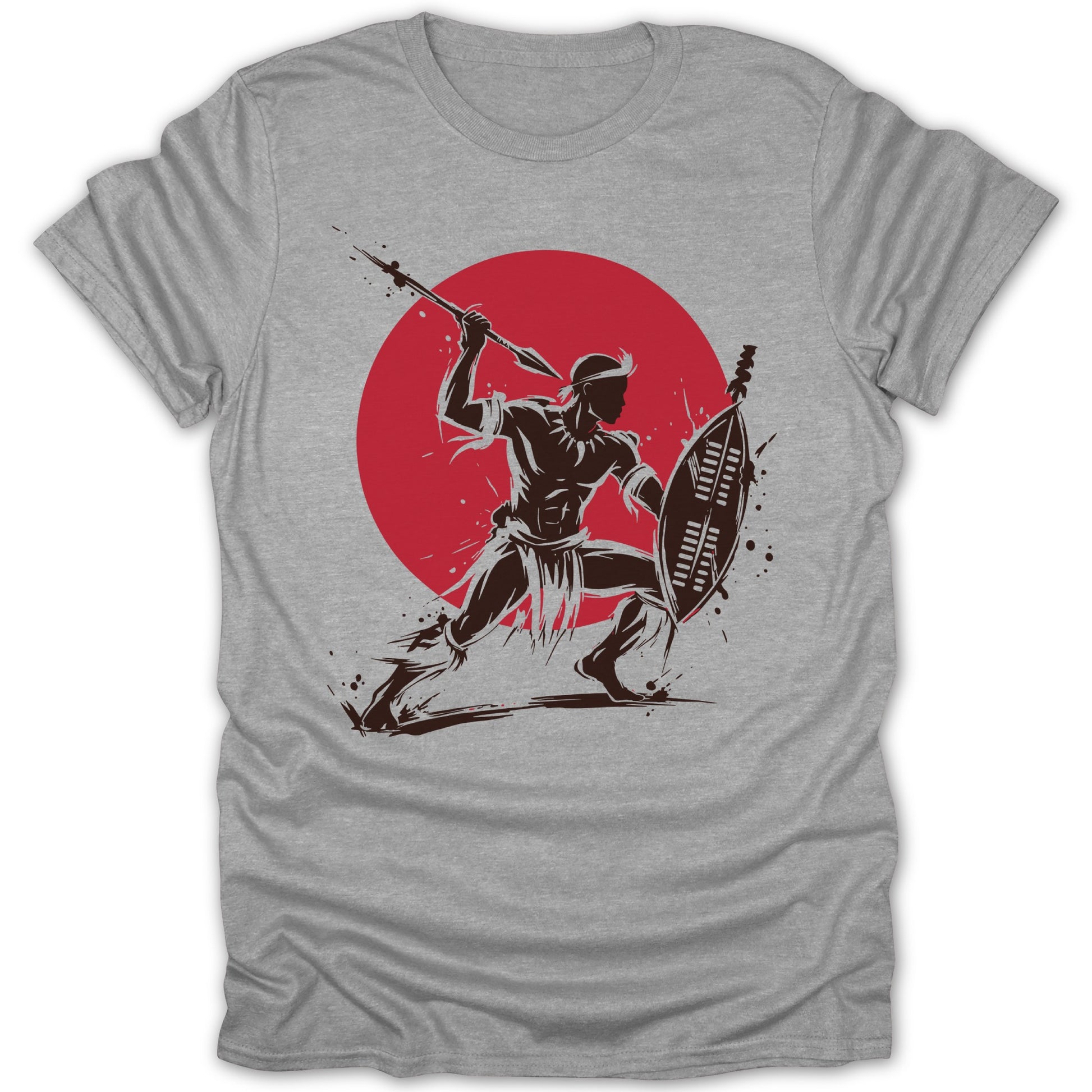 Warrior with spear and shield in front of red circle, brown ink design on gray t-shirt.