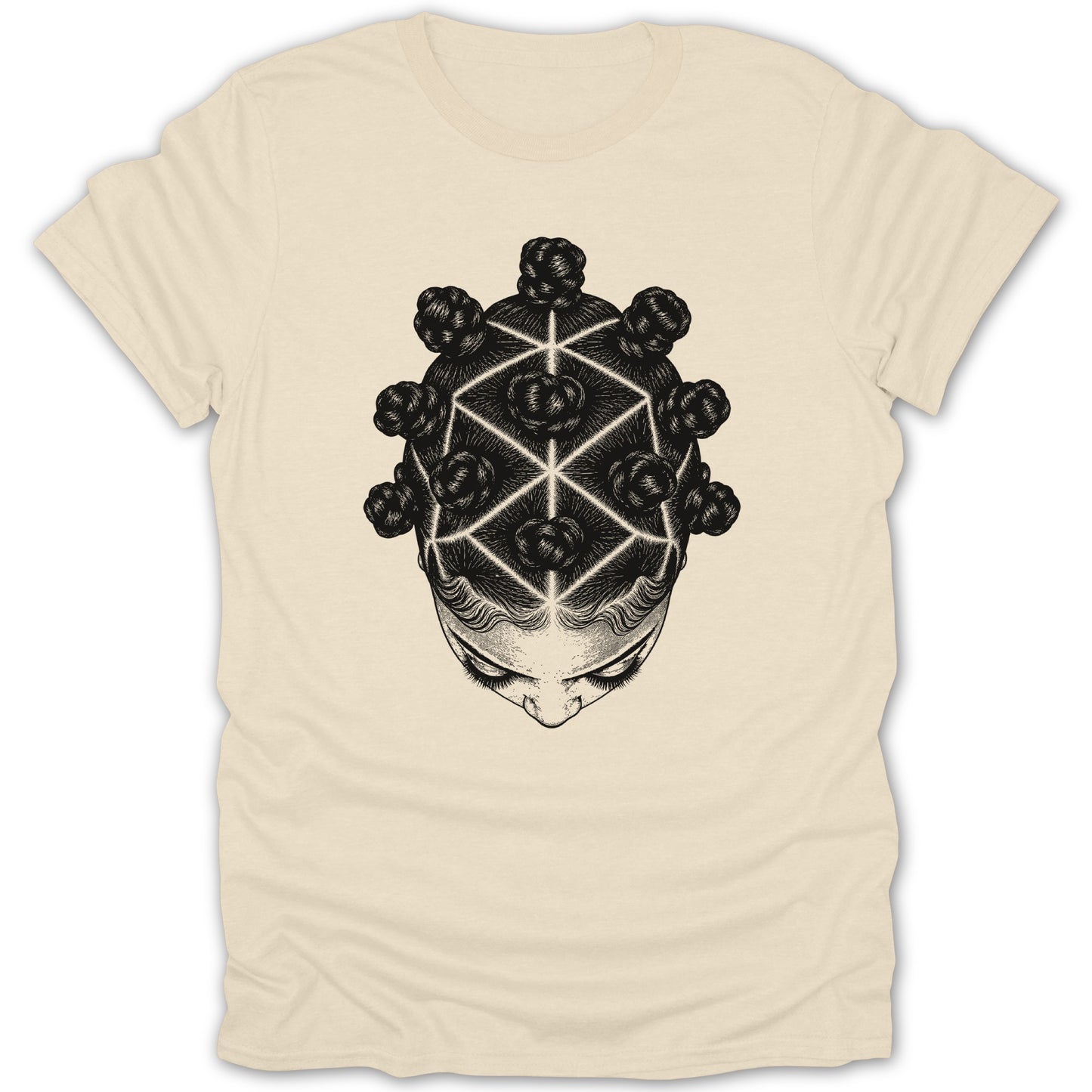 Black and white geometric drawing of a person's head with braided buns on a cream t-shirt.