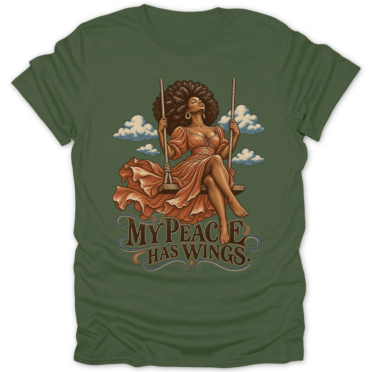 Woman with large afro on a swing with text "MY PEACE HAS WINGS"