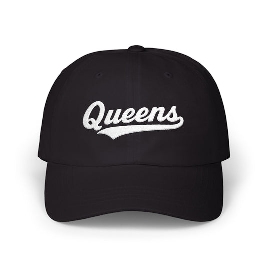 Black baseball cap with "Queens" embroidered in white script.