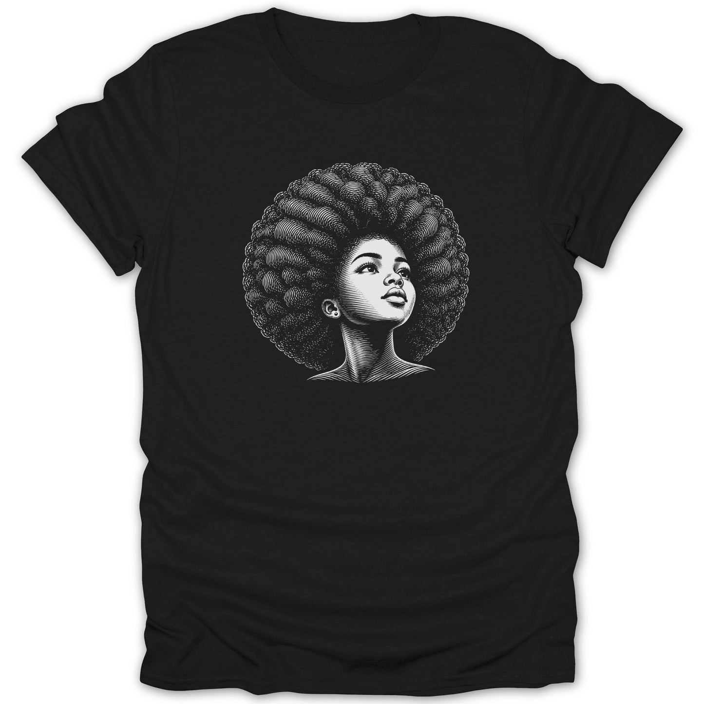 Black t-shirt with a black and white artistic rendering of a woman's face with an afro.