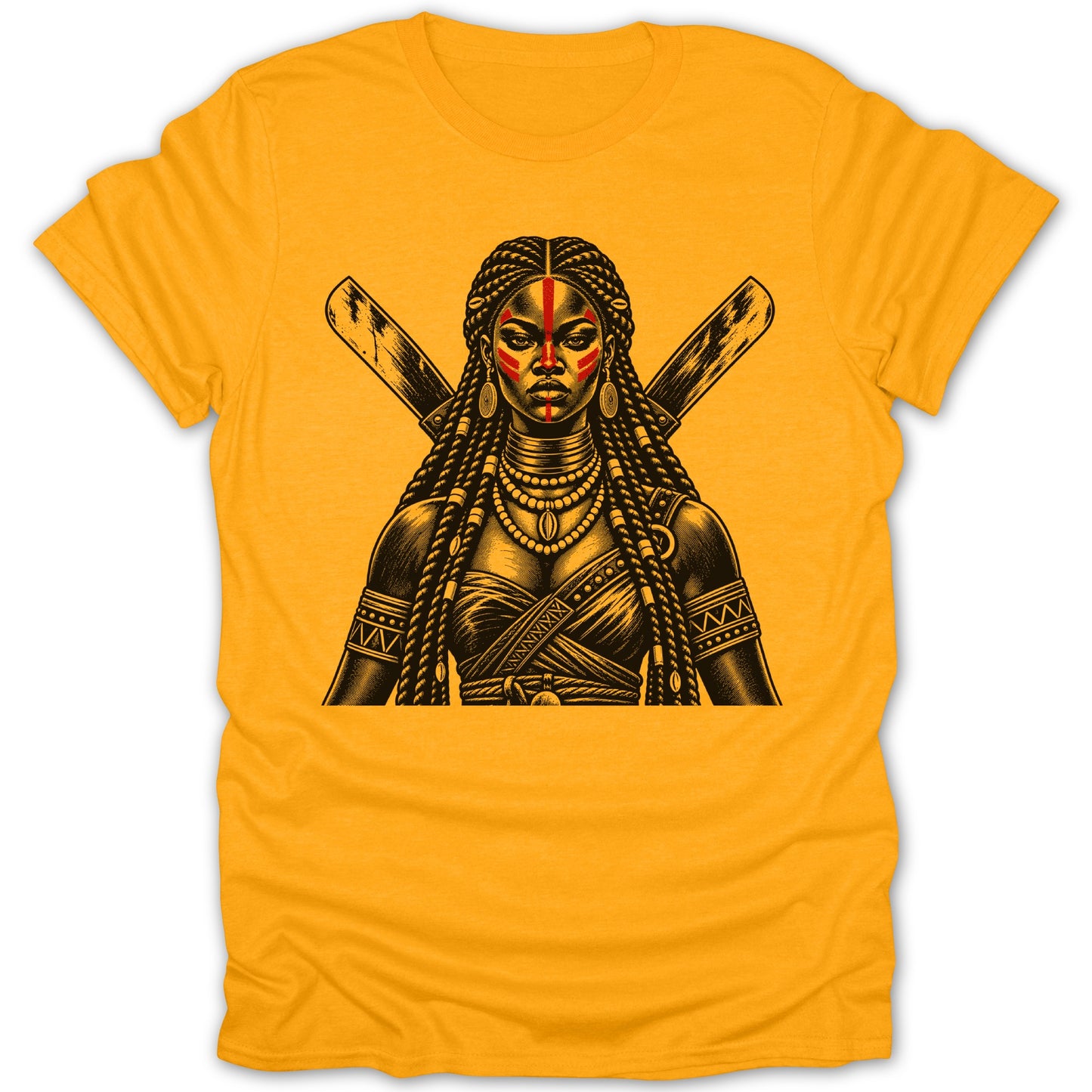 T-shirt with illustration of warrior woman with crossed weapons and tribal markings.