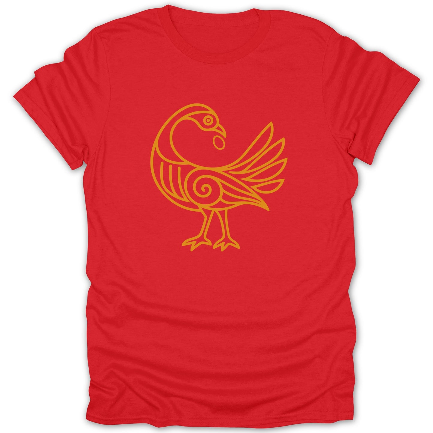 Red t-shirt with a gold outline of a stylized bird in profile.