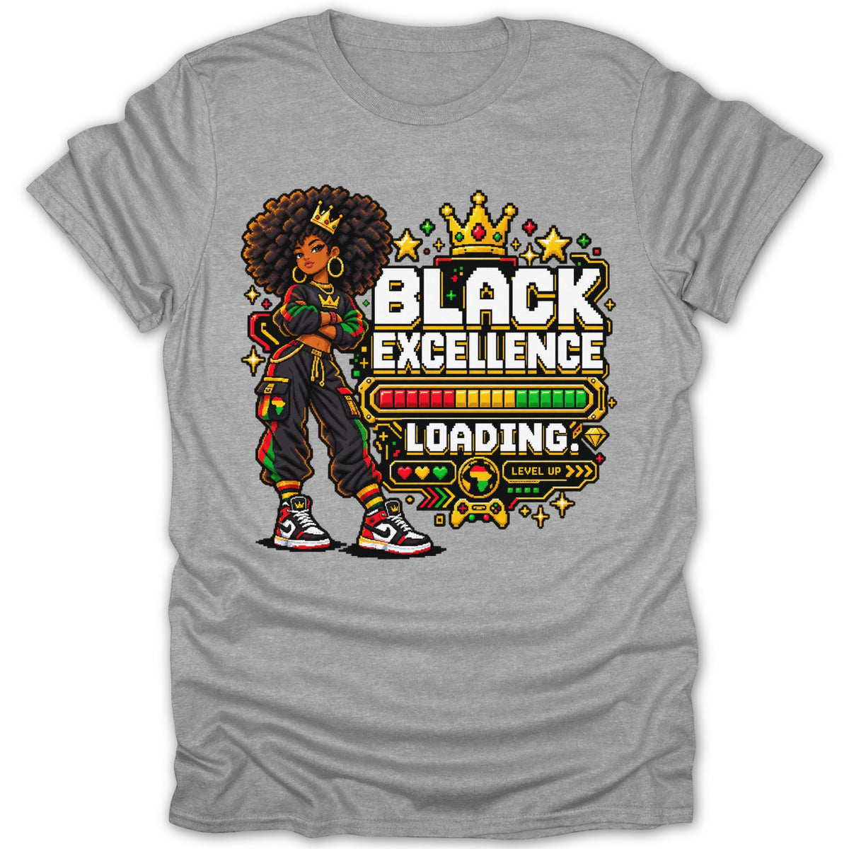 Pixelated Black woman with crown, "Black Excellence Loading" text, and loading bar.