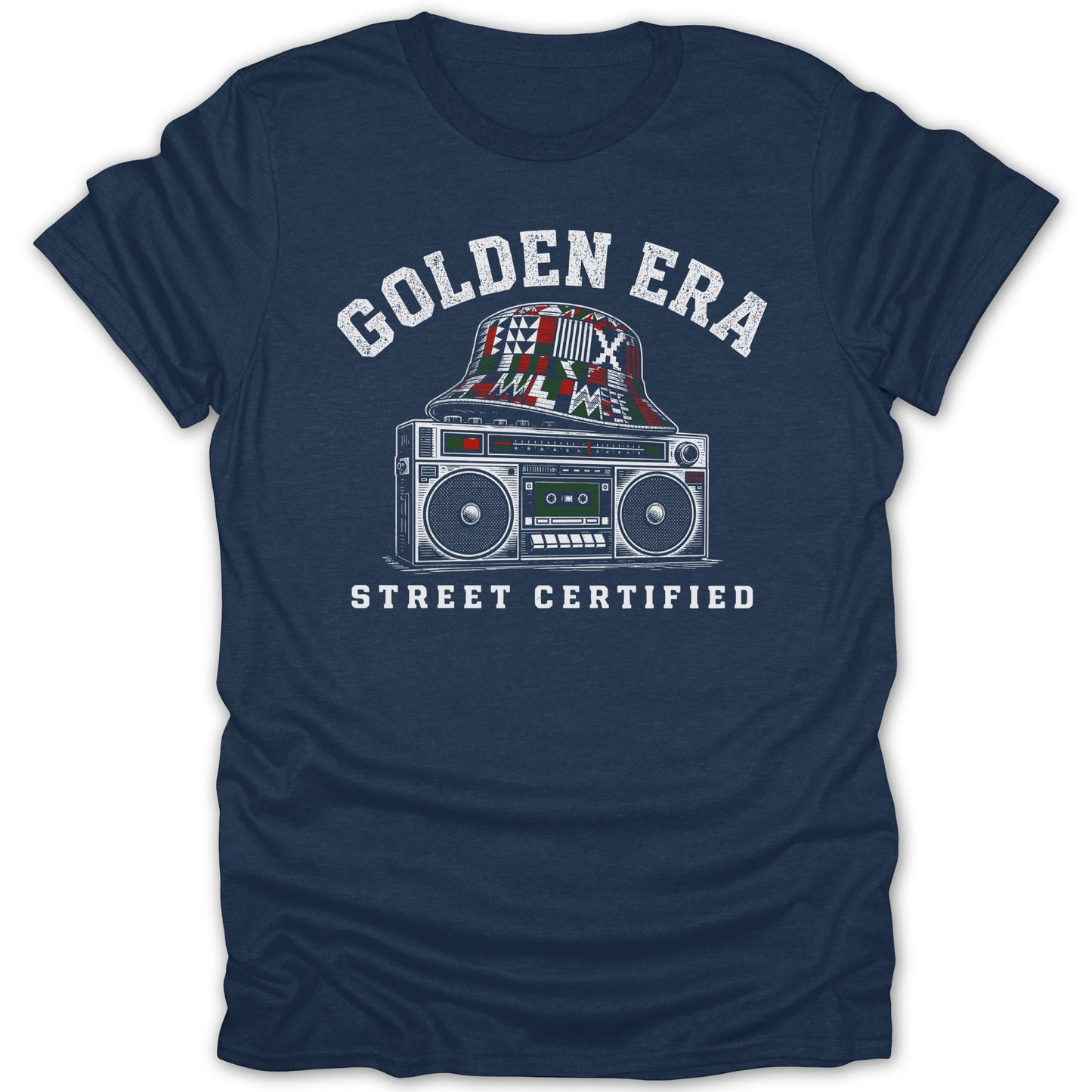Dark blue t-shirt with graphic of vintage boombox and bucket hat, text "GOLDEN ERA STREET CERTIFIED."