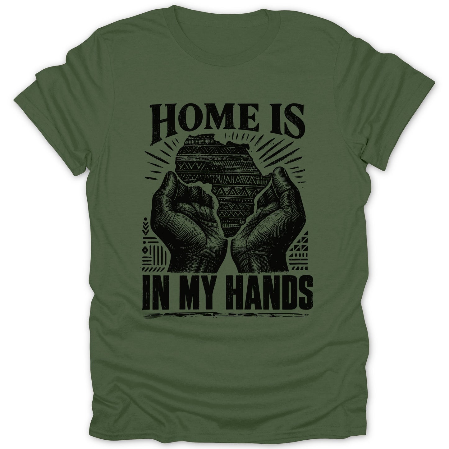 Green t-shirt with black graphic of hands holding Africa, text reads "HOME IS IN MY HANDS".