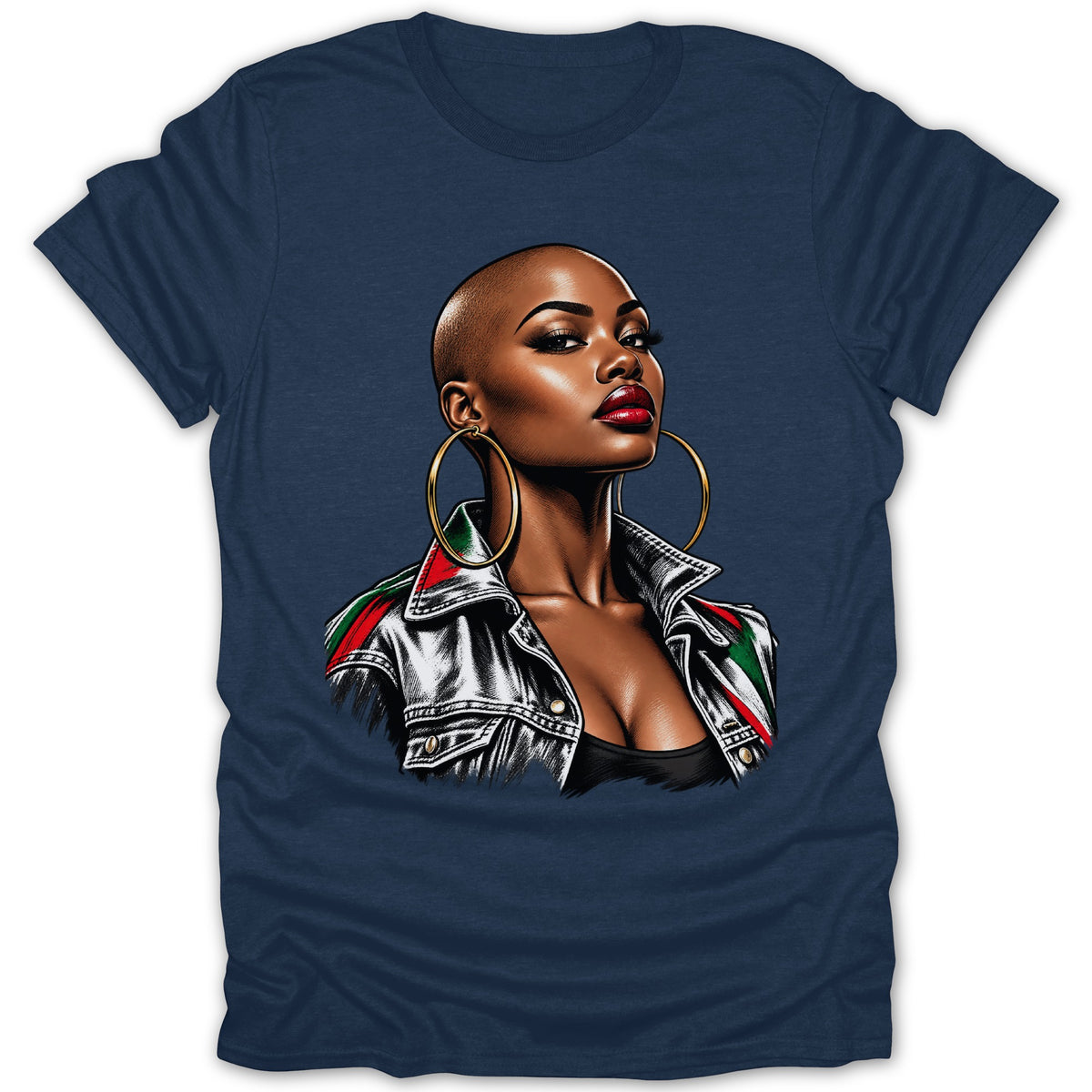 Bald Black woman with large hoop earrings and denim jacket on navy t-shirt.