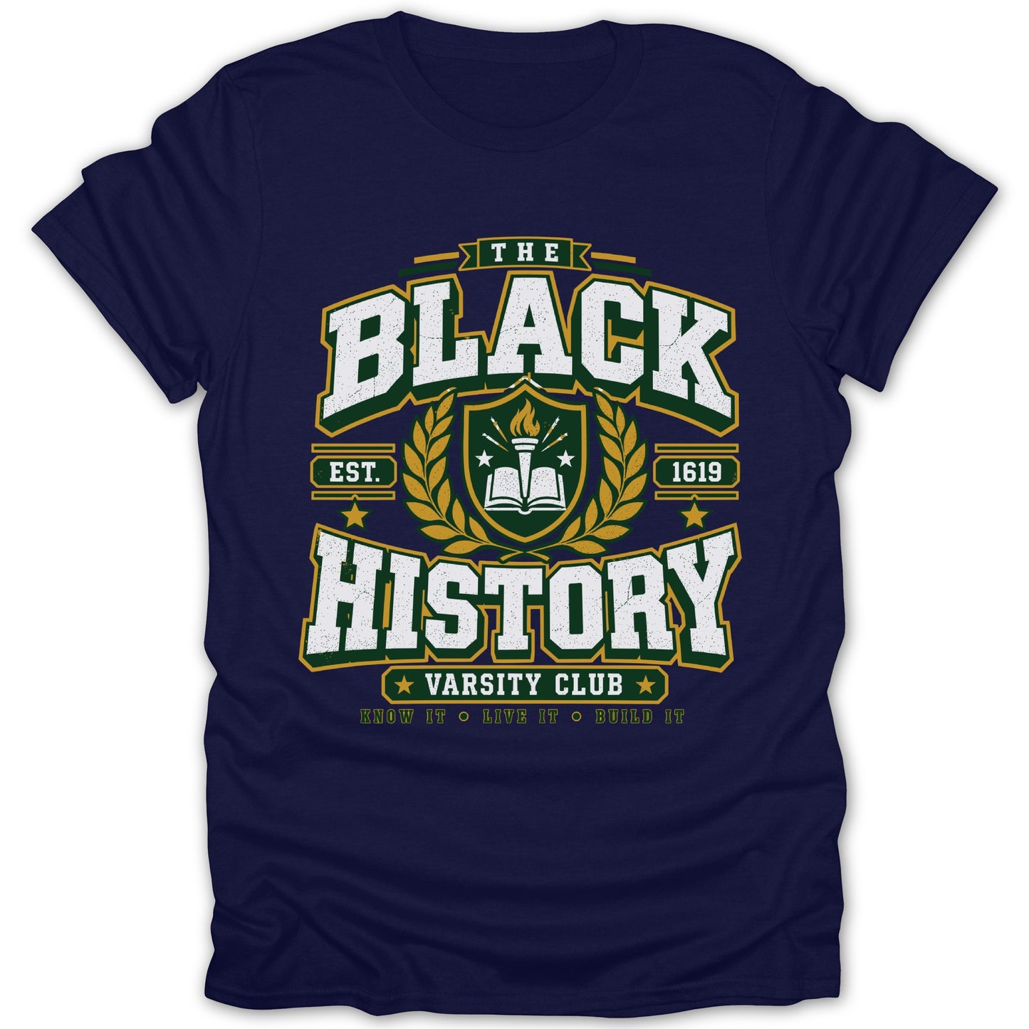 Navy t-shirt with "The Black History" text, crest, and "Varsity Club".
